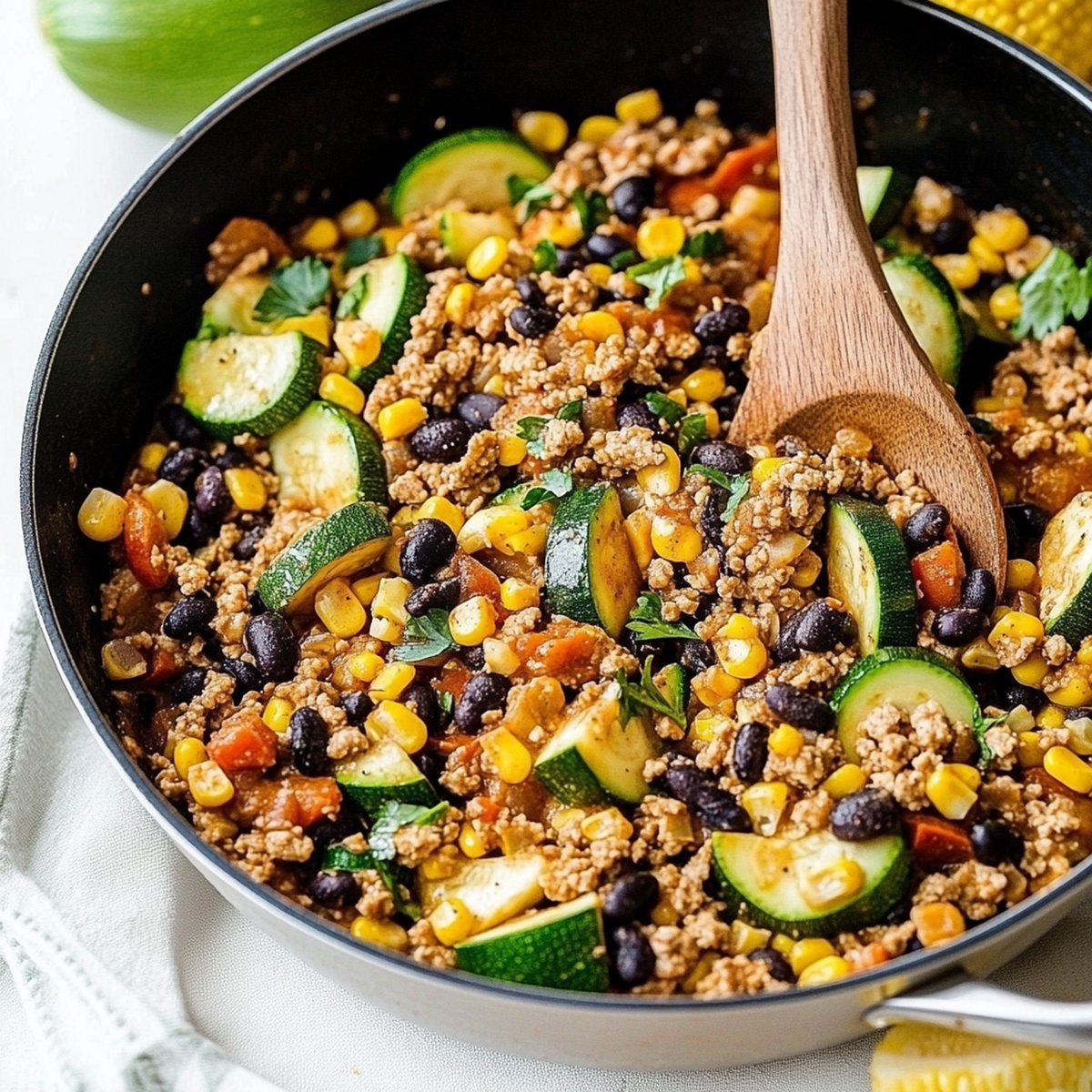 Hearty Ground Turkey Skillet With Zucchini, Corn, Black Beans, And Tomato Recipe