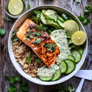 Vibrant Brown Rice Salmon Bowls With Herbed Tahini Dressing Recipe