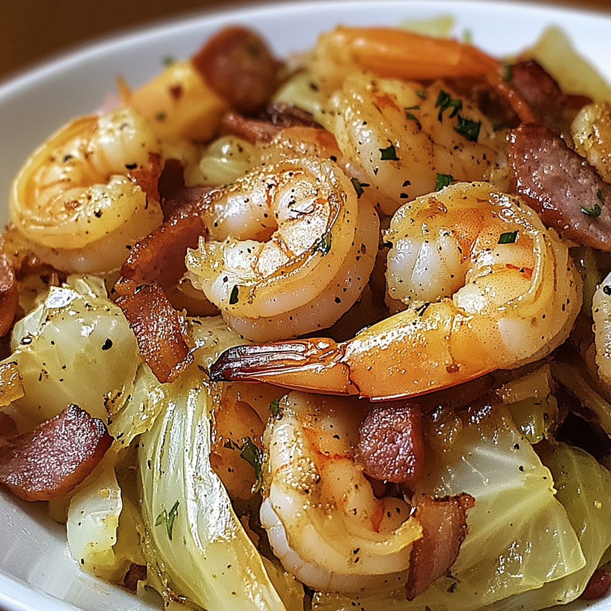 Fried Cabbage With Shrimp, Sausage & Bacon Recipe
