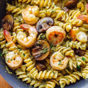 Silky Pesto Shrimp Mushroom Pasta Recipe