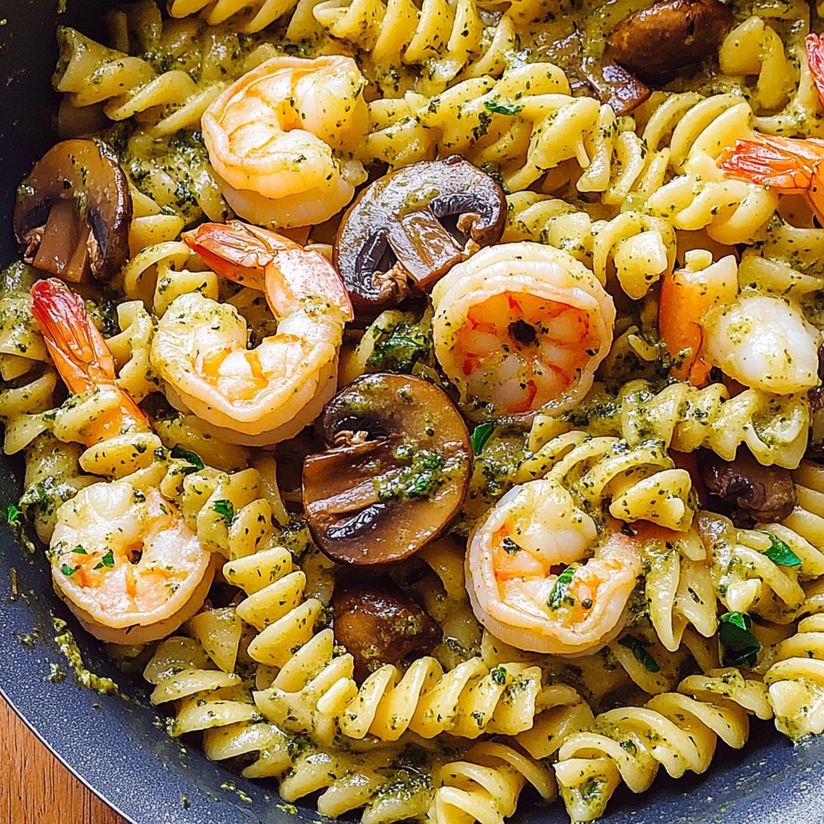 Silky Pesto Shrimp Mushroom Pasta Recipe